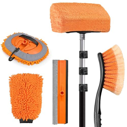 ARTIPOLY 20ft Reach Car Wash Brush with Long Handle-Car Cleaning Kit with 4-12FT Extension Pole, Ultimate RV,Truck Wash Set with Soft Brush, Tire Brush, Window Squeegee, Mitt, Microfiber Cleaning Mop - size: 4-12ft