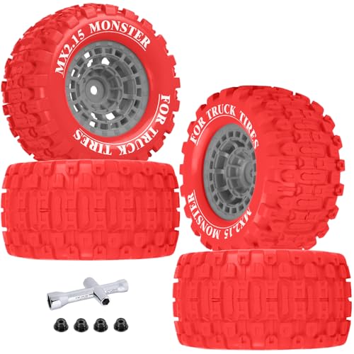 100 * 52MM 1/16 RC Monster Truck Tires 12mm Hex Adapters All-Terrain Traction Tires fit for Mini Maxx/Mini XRT, MJX 16207/16208/16209/16210,HSP 94186,E-Revo,L0S1,1/18 Mini LMT,Red&Grey - color: Red&Grey(4pcs)