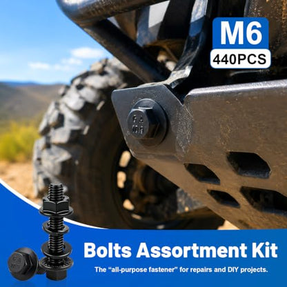440PCS M6 Flange Bolt Assortment Kit with Nut Washer 10.9 Alloy Steel | Metric Black Zinc Plated Hex Head Screws Set, M6-1.0 X 12/16/20/25/30mm for DIY Repairs, 3D printers, RC cars, Drones - size: G10.9 M6 440PCS