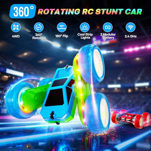 Remote Control Car, 360° Flips Rotating RC Stunt Car with USB-C Charge Modular Battery, 4WD RC Cars with LED Lights Strips, All Terrain RC Truck Toys for Kids 3+ Year Old Boys Christmas Birthday Gift - color: Blue & Green