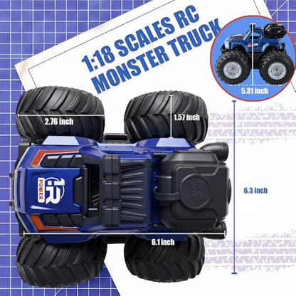 BEZGAR Remote Control Mosnter Truck, RC Cars with Mist Spray, Two Batteries | RC Truck with Music & LED Light, 360° Stunt Spins Monster Truck Toys for Boys 4-7, 40+ Mins Battery Life
