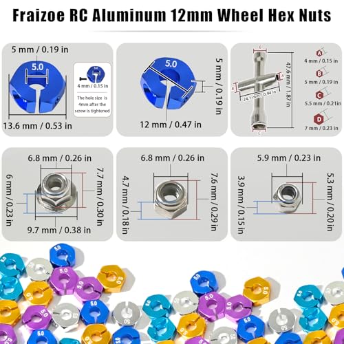 Aluminum 12mm Hex Wheel Hub 4Pcs w/Axle Pin M4 Flange Lock Nut Standard M3 M4 Nut 5mm Thickness Wheel Drive Adapter for 1/10 Traxxas HSP Redcat Rc4wd Tamiya Axial SCX10 WLtoy RC Car(25Pcs) - color: Blue, size: 5.0