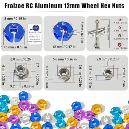 Aluminum 12mm Hex Wheel Hub 4Pcs w/Axle Pin M4 Flange Lock Nut Standard M3 M4 Nut 5mm Thickness Wheel Drive Adapter for 1/10 Traxxas HSP Redcat Rc4wd Tamiya Axial SCX10 WLtoy RC Car(25Pcs) - color: Blue, size: 5.0