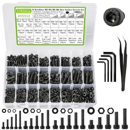 M3 M4 M5 M6 Hex Socket Bolts and Nuts Assortment Kit, 1160Pcs | 12.9 Alloy Steel, Zinc Plated Anti-rust; 20 Sizes Metric Screws with Lock Washers; For 3D Printing DIY Machinery Repair - size: F. M3 M4 M5 M6