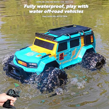 Amphibious Remote Control Car Waterproof Monster RC Cars 4WD All Terrain Off-Road Stunt Vehicle Toys with 2.4 GHz LED Lights for 6 7 8 9 10 11 12+ Year Old Kids Boys Girls Gifts Presents (Blue) - color: Blue