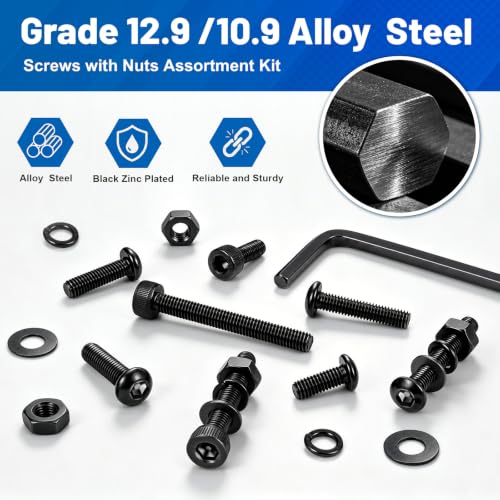 3400PCS M3 Hex Socket Button & Cap Head Screws Kit 12.9 & 10.9 Steel | Black Zinc Plated Machine Bolts and Nuts, Flat & Spring Washer, M3x4/6/8/10/12/16/20/25/30/35mm for DIY Repair 3D Printer - size: G12.9 M3 3400PCS