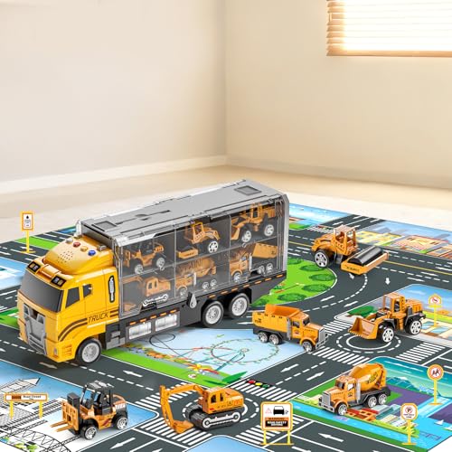 NIPLOOOW Toddler Boys Construction Truck Vehicle Toy Set with Play Mat and Die-Cast Toy Car, Transport Carrier Truck for Kids 3-5, Birthday Gifts Toys for 3-8 Year Old Boys - style: Construction truck