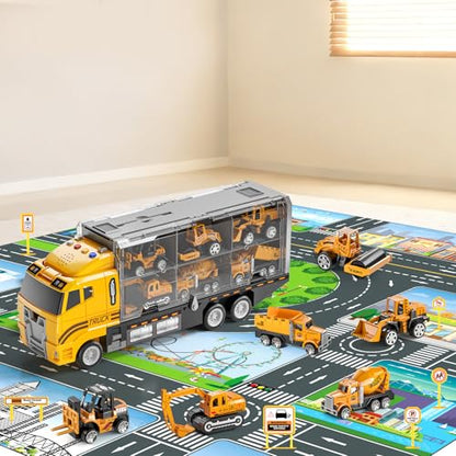 NIPLOOOW Toddler Boys Construction Truck Vehicle Toy Set with Play Mat and Die-Cast Toy Car, Transport Carrier Truck for Kids 3-5, Birthday Gifts Toys for 3-8 Year Old Boys - style: Construction truck