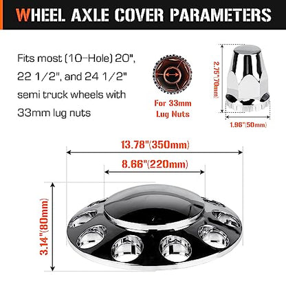Aeagle Dome Front Axle Cover Combo Kits for Semi Truck Hubs w/Screw-On 33mm Lug Nut, ABS Plastic Chrome Plated, 10 Hole Removable Caps, 2Pcs - color: chrome