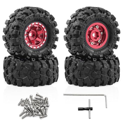 1.0" Beadlock Aluminum Wheels and 57mm Soft Rubber Tires | for SCX24, TRX4M, Ascent 18, FCX24, 1/18 1/24 RC Crawler, 7mm Hex, 0mm Offset, with Foam Inserts, (Red 3) - color: Red 3