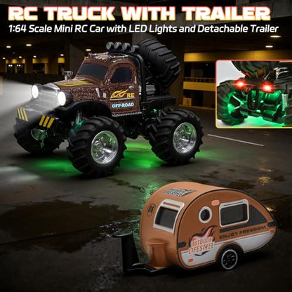 Snugzy Mini RC Car 1:64 Scale RC Truck for Kids with Trailer 2.4Ghz Remote Control Rechargeable RC Cars Toy Gifts for Boys Girls Adult (Brown) - color: Brown