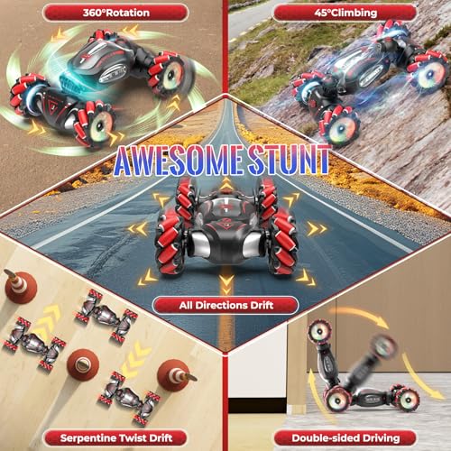 Fosgoit Gesture Sensing RC Stunt Car Toys for 6-12 Boys Girls | Birthday Gifts for Kids 2.4Ghz 4WD Hand Controlled RC Car with Light & Music & Spray, Double-Sided 360° Rotating - color: Black Red