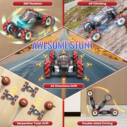 Fosgoit Gesture Sensing RC Stunt Car Toys for 6-12 Boys Girls | Birthday Gifts for Kids 2.4Ghz 4WD Hand Controlled RC Car with Light & Music & Spray, Double-Sided 360° Rotating - color: Black Red