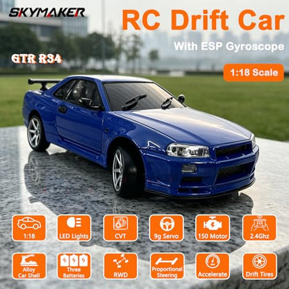 LDRC LD1899 RC Drift Car 1/18 RWD with 3 Batteries (Blue) - color: Gtr R34 Blue With 3 Batteries