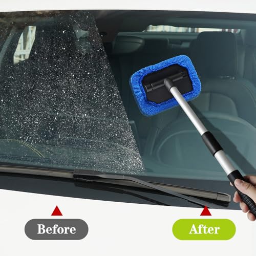 Windshield Cleaning Tool, Car Cleaning Window Tool, Car Window Cleaner with Unbreakable Extendable Handle and Microfiber Cloth, Scratch-Free Car Cleaning Brush for Auto Glass Wiper (Blue) - color: Blue