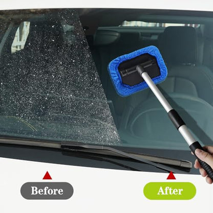 Windshield Cleaning Tool, Car Cleaning Window Tool, Car Window Cleaner with Unbreakable Extendable Handle and Microfiber Cloth, Scratch-Free Car Cleaning Brush for Auto Glass Wiper (Blue) - color: Blue