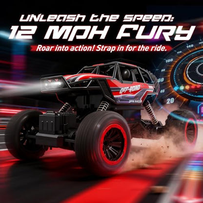 1:12 Large RC Monster Truck for Boys 8-12 with 2 Remote Batteries, 12 MPH Off-Road Remote Control Truck with Light, RC Car Toy Gift for Kids 8-12, 2 Rechargeable Car Batteries