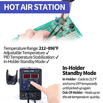 YIHUA 8786D I 2 in 1 Hot Air Rework and Soldering Iron Station with 10 Solder Iron Tips, 4 Hot Air Nozzles, °F /°C, Cool/Hot Air Conversion and Sleep Function