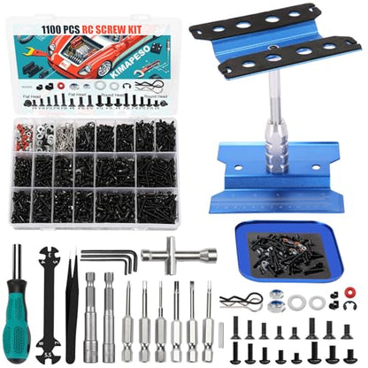 RC Car Repair Work Stand, 1100pcs RC Screw Kit and Vehicle Scale Accessories for Traxxas Axial Redcat Arrma HPI HSP SCX10 RC4WD 1/8 1/10 1/12 1/16 Scale RC Crawler Truck Buggy Car - color: Blue