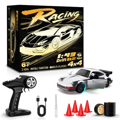 RC Drift Car, 1/43 Mini RC Drift Car with Gyro, 2.4GHz Full Proportional Control, 20KM/H 4WD High Speed Remote Control Alloy, LED Lights & Drift Tires, Toys Gift for Adults, Boys and Girls - color: Silver