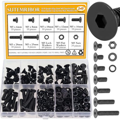 245 Pieces M5 Screws Nuts Washers Set Black, Sutemribor M5 x 6/8/10/12/16/20/25mm Countersunk Head Socket Cap Screws Nuts Washers Assortment Kit, 10.9 Grade Alloy Steel, Fully Threaded - size: M5, style: Countersunk Head Socket Cap
