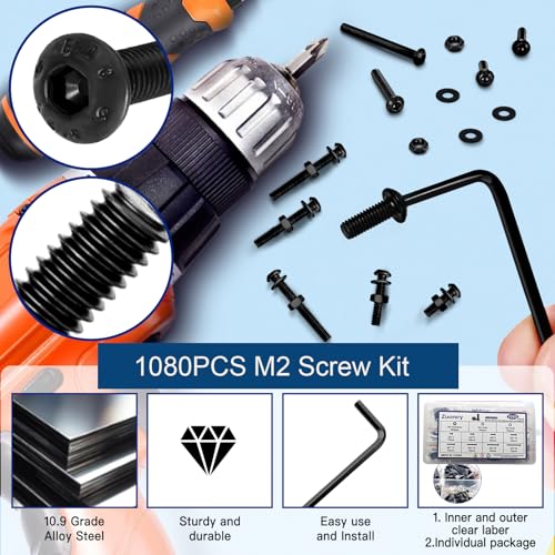 1080PCS M2 Screw Assortment Kit, M2x4/6/8/10/12/16/20/25mm M2 Screw Kits | 10.9 Grade Alloy Steel Metric Hex Button Head Cap Screws, Nuts and Flat Washers for 3D Printing (1080PCS - M2) - size: M2