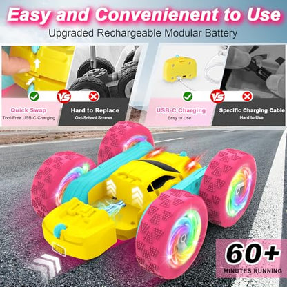 Remote Control Car, RC Cars for Girls, Double-Sided 4WD Stunt Car with RGB Lights & 360° Flips, USB-C Modular Batteries, Toys for Ages 5–7, Birthday Gift for 6+ Year Old Girl, Yellow-Pink - color: Pinkyellow