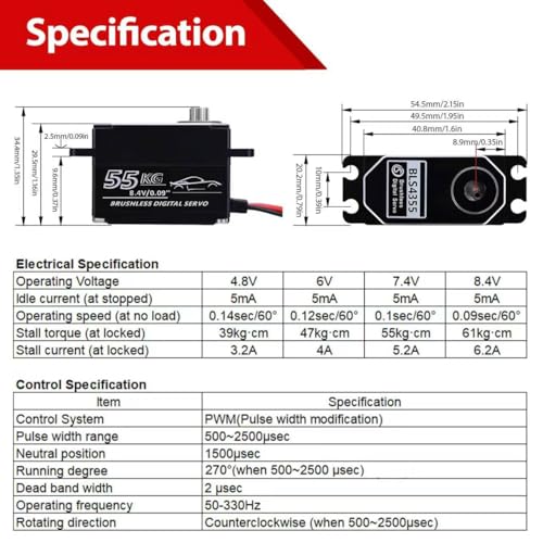 55kg Low-Profile Servo Programmable Brushless Digital Servo 0.09Sec High Speed Full Metal Gear Steering servo 1/10 Drift Car with servo Motor kit (270 Degree)