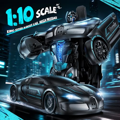 Veeniix V991 1:10 Large 2-in-1 Transform RC Robot Car Toy, Black | Gesture Sensing Control, LED Lights & Sound, 2 Rechargeable Batteries 70 Min Play, Birthday Gift for Boys & Girls Ages 4-12 - color: Matte Black