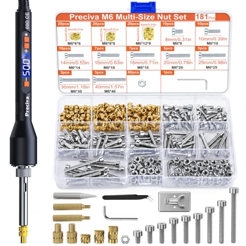 Preciva Heat Set Insert Tool, M6 Threaded Inserts Screw Kit for 3D Printing | Complete Set of Inserts, Soldering Irons & Tips, for 3D Printing, Plastic, DIY, for Surface Finishing & Modification, 186Pcs - size: M6