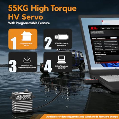 AGFRC 55KG Waterproof Brushless 1/10 1/8 RC Servo Motor(SA75BHLW) | 55KG High Torque, 0.110sec Speed, IP67 Waterproof, Programmable, Full Metal Gear, Ideal for 1/8 1/10 Rigs/Boats