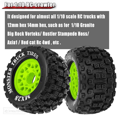 RC Wheels and Tires for 1/10 RC Scale Car,Rustler Stampede Hoss,Granite Vorteks Big Rock 3S,MX28 2.8" Truck Tires and Wheels w/ 12mm/14mm Hex,4pcs,Green - color: Green(4pcs)