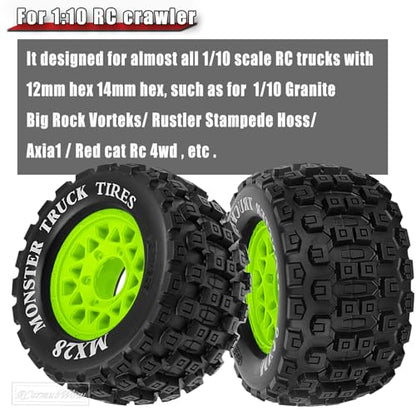 RC Wheels and Tires for 1/10 RC Scale Car,Rustler Stampede Hoss,Granite Vorteks Big Rock 3S,MX28 2.8" Truck Tires and Wheels w/ 12mm/14mm Hex,4pcs,Green - color: Green(4pcs)