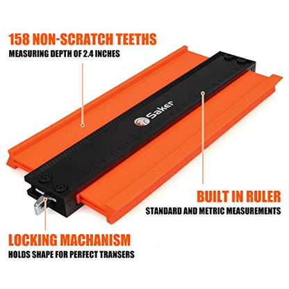 Saker Contour Gauge Duplication-Adjustable Lock-Precisely Copy Irregular Shape-Irregular Woodworking Tracing-Must Have Tool for DIY Handyman Men Husband Dad 10 Inch+5 Inch - style: 5+10inch Orange