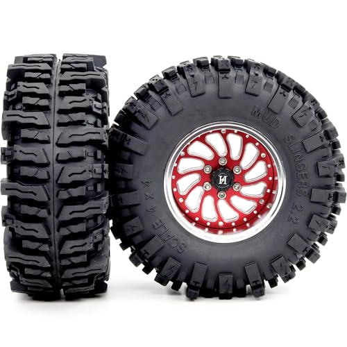 2.2 Mud Slingers Tires with Adjustable Offset 2.2 Beadlock Wheels, 124mm Tall 2.2 Tires & 40mm Wide 2.2 Rims for 1/10 RC Crawler TRX4 SCX10 Capra Upgrades,HS701585 - color: Silver & Red