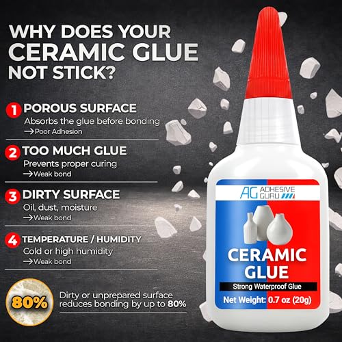 Adhesive Guru Ceramic Glue (0.7 oz) Super Glue for Pottery, Porcelain & China Repairs, Waterproof and Odorless After Cure, Non-Toxic, Temperature Resistant, Compatible with Aerosol Activator – 1 Pack - size: 1 Pack, style: Ceramic Glue