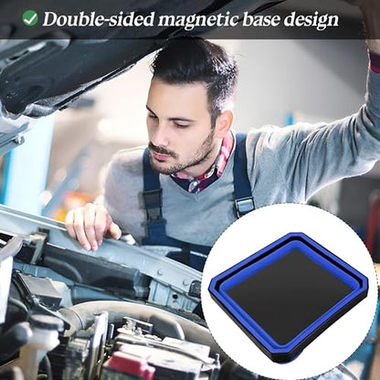 Collapsible Magnetic Parts Tray Set, Silicone Foldable Square Tool Bowls for Screw, Nuts & Small Metal Parts, Dual-Sided Magnet Base Auto Tool Organizer, Universal for Vehicles (Blue) - color: Blue