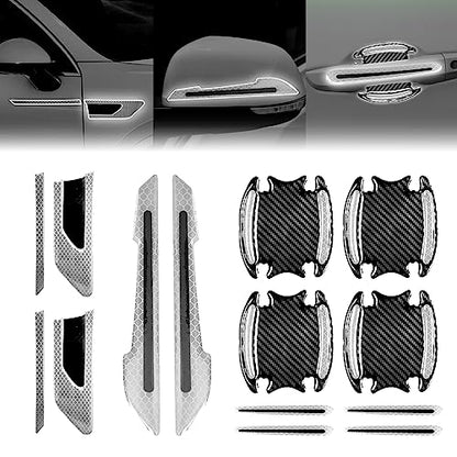 12-Piece Reflective Car Stickers Set - Rearview Mirror, Side and Door Handle Stickers - 3D Carbon Fiber, Anti-Scratch, Protective Films (White) - color: white