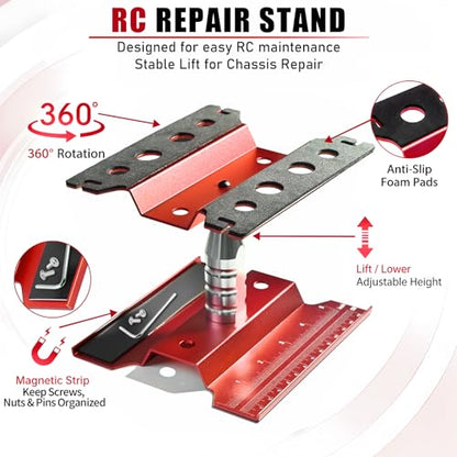 RC Car Repair Work Stand Lift Lower Adjustable Workstation Aluminum 360 Degree Rotation for 1/8 1/10 1/12 RC Car Traxxas Slash TRX4 Arrma Axial SCX10 Losi Redcat Wltoys RC Crawler Monster Truck Buggy - color: Lift Lower Red