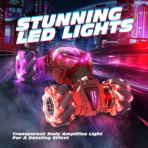 Tecnock Remote Control Car for Boys Girls, 2.4GHz 4WD Gesture Sensing RC Stunt Car Toys - 360° Rotating Double Sided Hand Controlled RC Cars with LED Lights, Gifts for Kids Ages 6-8, 8-12 - color: Deep Red
