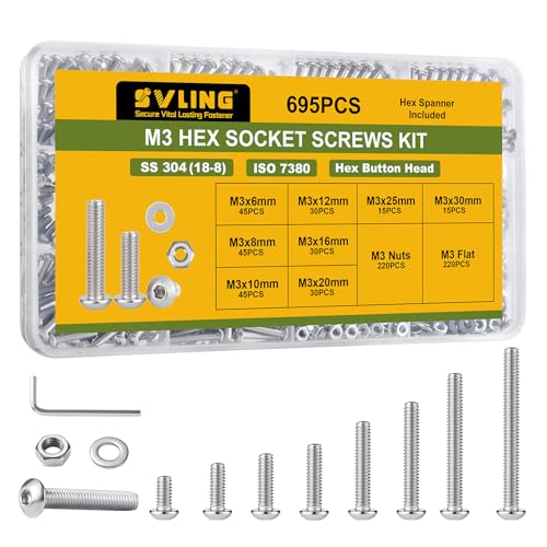 695PCS M3 Bolt Assortment Kit, Hex Socket Button Head Screws Nuts Bolts Washer Assortment Kit 304 Stainless Steel M3 x 6/8/10/12/16/20/25/30mm - size: M3 695PCS Button SS