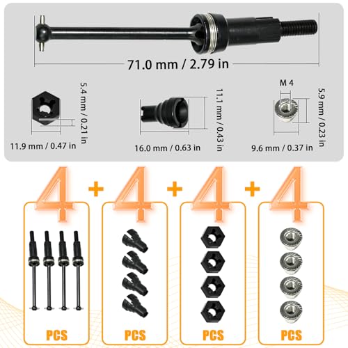 Hardened Steel CVD Drive Shafts Set with Adapters, Nuts, Center Drive Cups, Front Rear Dogbone Driveshaft Axles Upgrades Part for 1/16 Mojave Grom ARA2304, ARA2304S, ARA2104 (Black,Black) - color: Black-black