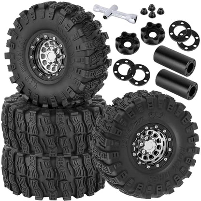 RC 1.9 Beadlock Rims & Wheels Tires w/Adjustable Offset for 1/10 SCX10 TRX4 TRX6 Gen7/8 D90 VS4-10 MST CFX RC Crawler Car,BRCatWPark 4pcs Aluminum Double Rims and Rubber Tires w/Sponge,Silver - color: Silver - (Adjustable Tires)
