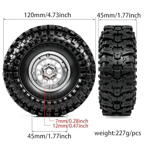 1/10 RC Crawler Tires and Wheels, 1.9" 120mm Rubber Rock Crawler Tires with Beadlock Rims, 4PCS RC Tires for Axial SCX10 TRX-4 1/10 Scale RC Off-Road Trucks (Silvery) - color: Silvery