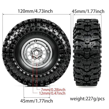 1/10 RC Crawler Tires and Wheels, 1.9" 120mm Rubber Rock Crawler Tires with Beadlock Rims, 4PCS RC Tires for Axial SCX10 TRX-4 1/10 Scale RC Off-Road Trucks (Silvery) - color: Silvery