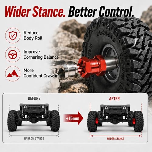 4PCS 12mm Hex Hub 15mm Aluminum Extension Hex for Axial SCX10 D90 90046 | 15mm CNC Wheel Hex Extenders for 1/10 RC Crawlers Redcat Gen7/Gen8 CC01 RC4WD Wider Stance & Tire Clearance with M4 Nuts Pins - color: Red