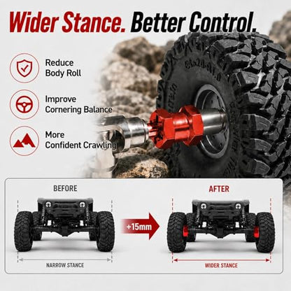 4PCS 12mm Hex Hub 15mm Aluminum Extension Hex for Axial SCX10 D90 90046 | 15mm CNC Wheel Hex Extenders for 1/10 RC Crawlers Redcat Gen7/Gen8 CC01 RC4WD Wider Stance & Tire Clearance with M4 Nuts Pins - color: Red