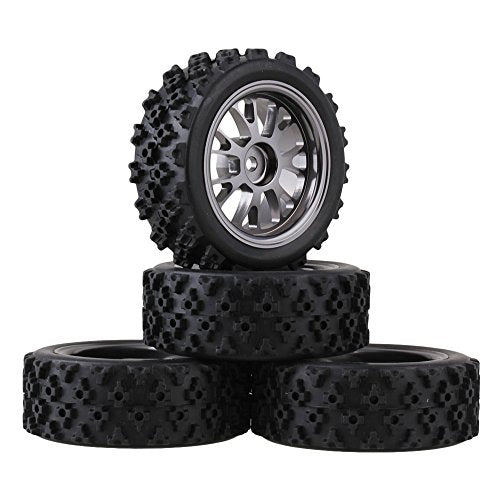 Mxfans Black Flower Pattern Aluminum Alloy Y-Shaped Wheel Titanium Color + Rally tire Skin 65MM Suitable for RC 1:10 Road Racing 4-Piece Set