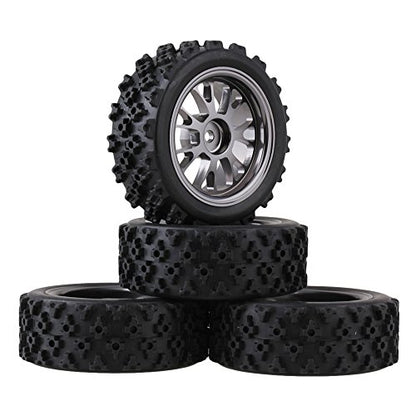 Mxfans Black Flower Pattern Aluminum Alloy Y-Shaped Wheel Titanium Color + Rally tire Skin 65MM Suitable for RC 1:10 Road Racing 4-Piece Set