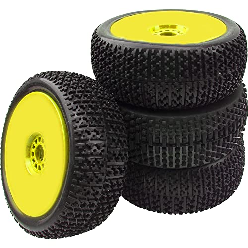 4Pcs OD 4.52" 1/8 RC Buggy Rubber Tires Tyre w/Plastic Rim 17mm Hex Compatible with Arrma Kyosho Exceed RC Traxxas Redcat HSP HPI 1/8 Scale Off Road Car Buggy (Yellow)